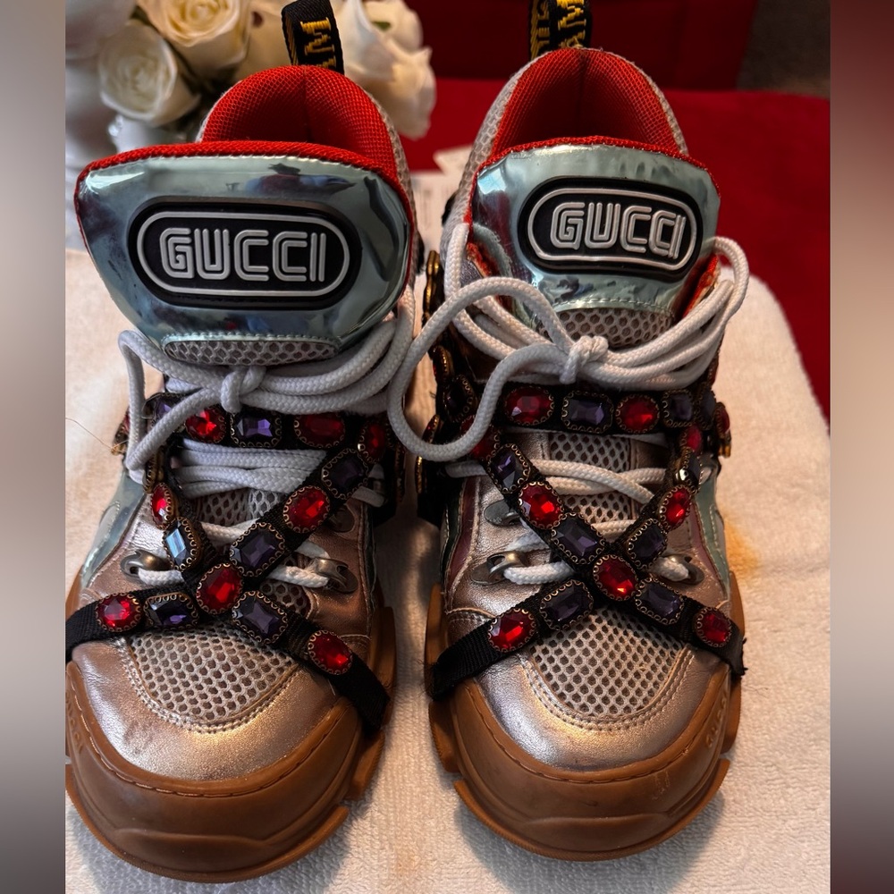 Gucci Women's Sneakers with Orangie/Red and Gold Embellishments